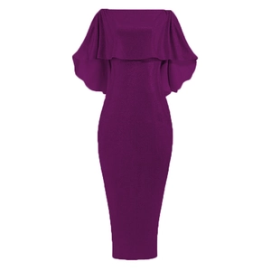 Detail of dark purple bodycon dress featuring oversized ruffle trim and shimmering fabric
