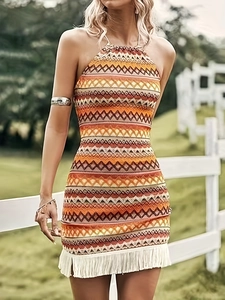 Vestito Mini da Donna Bohemien con Scollo all'Americana Stampa Geometrica Orlo con Nappine Slim Fit Casual Estivo per Vacanze