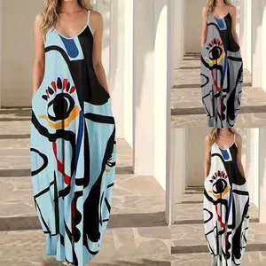 Robe longue d'été pour femme avec col en V, imprimé abstrait et poches latérales