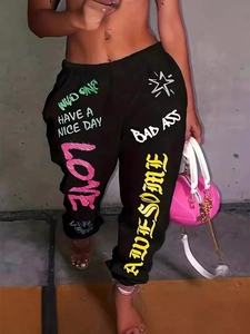 Jogging Femme Grande Taille Imprimé Lettres Graffiti Streetwear Décontracté Taille Haute Pantalon Fuselé Noir