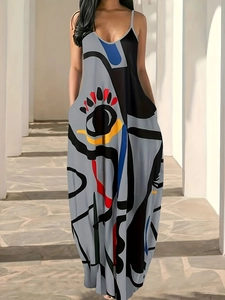 Women's summer V-neck maxi dress with abstract art print and side pockets