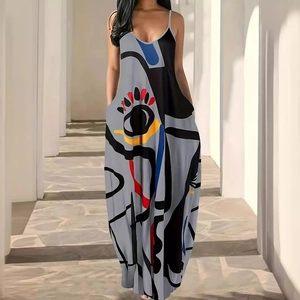 Robe longue à imprimé visage abstrait avec poches latérales pour un style d'été