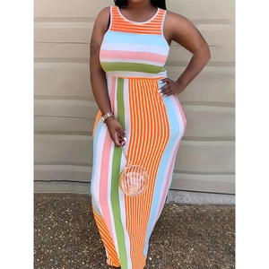 Women Plus Size Striped Maxi Dress Round Neck Sleeveless Polyester Casual Elegant Printed Summer Beach Long Tank Dress