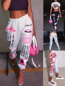 Streetwear printed joggers with elastic waist and punk graphics like dragons and slogans