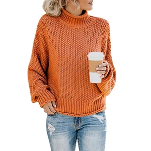 Jersey de cuello alto de punto grueso para mujer en naranja vibrante de manga larga