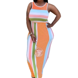 Slim fit sleeveless maxi dress with colorful horizontal and vertical striped patterns