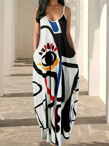 Women's V-neck digital abstract print maxi dress with spaghetti straps and side pockets