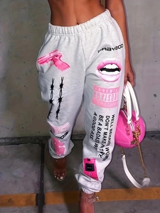 Light gray high-waisted harem joggers with pink prints and elastic cuffs for women