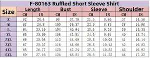 Size chart for ruffle sleeve shirt showing measurements in CM and IN for sizes S to 5XL