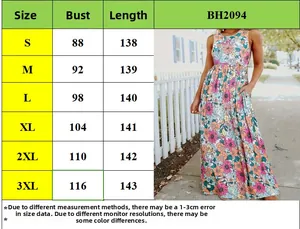 Guide des tailles pour robe longue fleurie sans manches BH2094 avec mesures précises