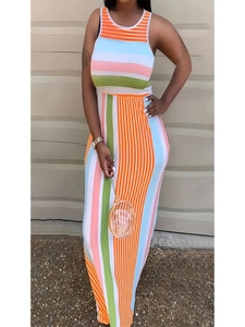 Abito Lungo da Donna Casual a Righe Senza Maniche Vestibilità Slim Girocollo Color Block con Tasche per Spiaggia Estiva