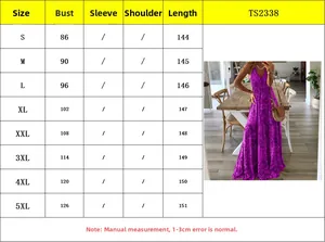 Detailed size chart for bohemian printed maxi dress with bust and length measurements