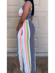 Abito lungo senza maniche a righe da donna con vestibilità slim e motivo patchwork