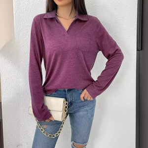 T-shirt polo femme violet à manches longues avec col en V et poche style décontracté