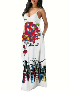 Detail of V-neck white maxi dress with colorful graffiti balloons and urban city skyline