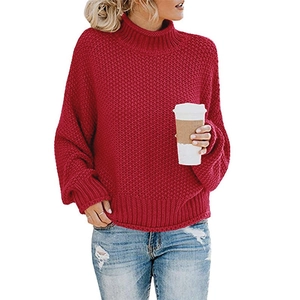 Jersey granate de cuello alto para mujer, punto grueso oversized con puños elásticos