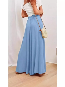 Women's light blue high waist wide leg trousers with loose fit and elastic waistband