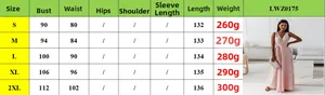 Guide des tailles pour robe longue col V femme avec mesures détaillées du S au 2XL