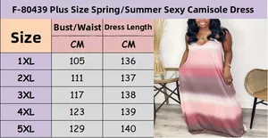 Detailed size chart for plus size summer maxi dress with colorful gradient print