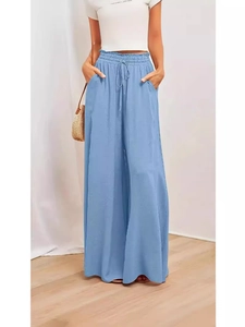 Women's light blue high-waisted wide-leg trousers with elastic drawstring waist