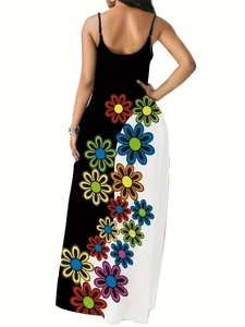 Back view of a summer maxi dress featuring a black and white split with colorful sunflowers