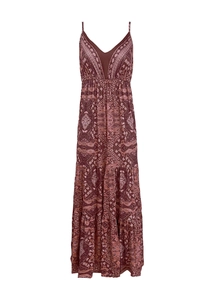 Deep red bohemian maxi dress detail with V-neck and ethnic floral print patterns