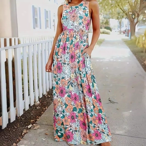 Robe Longue Sans Manches à Imprimé Floral Bohème pour Femmes Élégante Taille Haute Coupe Trapèze Robe de Plage Avec Poches