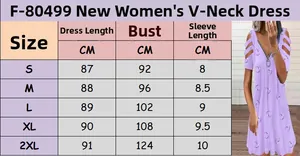 Size chart showing measurements for the V-neck cold shoulder dress with heart prints