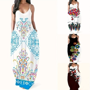 Robe Maxi d'été Sexy à Bretelles Spaghetti pour Femmes Imprimé Floral Abstrait Col en V Robe d'été Longue Avec Poches Latérales