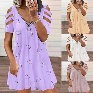 Women Casual V Neck Zipper Heart Print Dress Summer Cold Shoulder Short Sleeve Loose A-Line Midi Dress