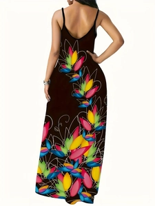 Detail of the backless deep V-neck and colorful floral print on this black maxi dress