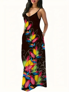 Detail of floral print on V-neck maxi dress with colorful flowers on black fabric
