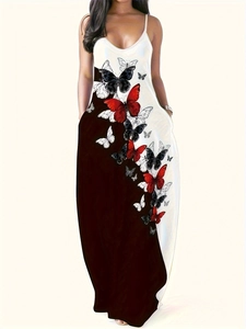 Detail view of V-neck summer dress with butterfly print, side pockets and spaghetti straps