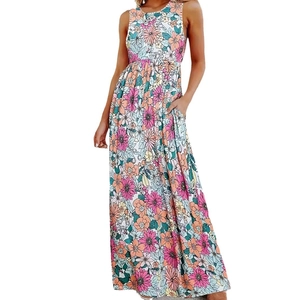 Robe longue fleurie sans manches pour femme avec taille haute et poches latérales