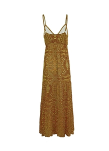 Detail of bohemian maxi dress showing V-neckline and geometric floral paisley pattern