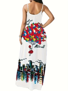 Détail de la robe d'été blanche avec imprimés graffiti artistiques et fines bretelles