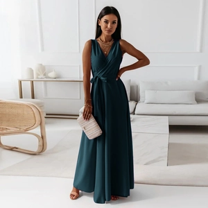 Robe longue portefeuille en satin sans manches vert sarcelle avec nœud à la taille