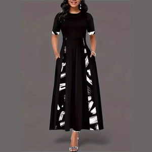 Robe Maxi Élégante Noire pour Femmes Ligne A Manches Courtes Col Rond Imprimé Coup de Pinceau Abstrait Taille Haute Avec Poches