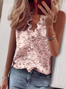 Women's pink floral sleeveless blouse with V-neck and ruffle details for summer