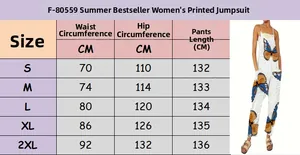 Detailed size chart for women's floral sleeveless wide-leg jumpsuit S to 2XL in cm