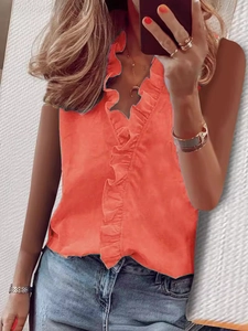 Women's orange sleeveless blouse with ruffle details and V-neckline in summer casual style