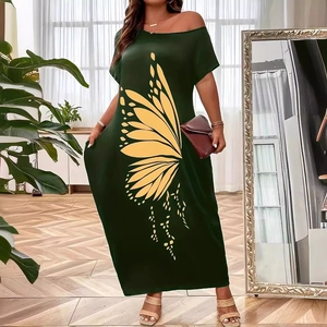 Damen Casual Off-Shoulder Maxikleid Schmetterling Druck Locker Kurzarm Sommer Langes Kleid Mit Taschen