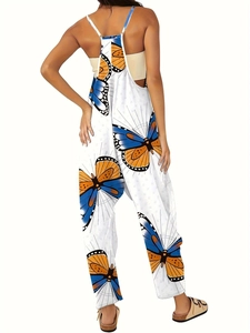 Back view of loose white wide-leg jumpsuit with blue and yellow butterfly prints