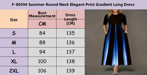Detailed size chart for the summer round neck gradient print maxi dress for women