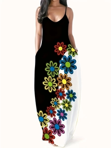 Robe longue d'été à fines bretelles avec imprimé tournesol et design bicolore