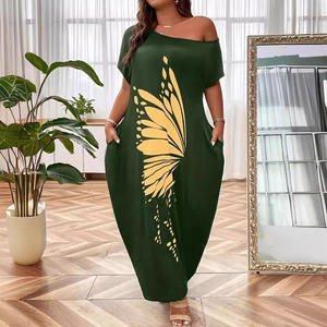 Dunkelgrünes Damen-Maxikleid mit gelbem Schmetterlingsdruck und Taschen