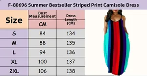 Size chart for summer striped maxi dress showing bust and length measurements from S to 2XL