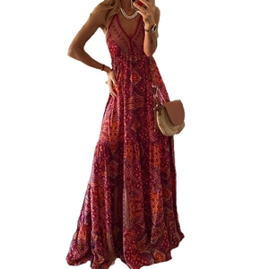 Bohemian floral maxi dress with high waist, V-neck, and vintage ethnic print detail