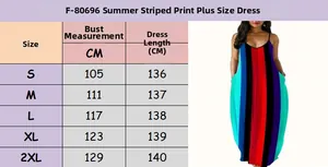 Detailed size chart for plus size summer striped maxi dress showing measurements in cm