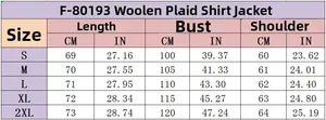 Size chart for woolen plaid shirt jacket showing measurements for sizes S to 2XL in cm and in